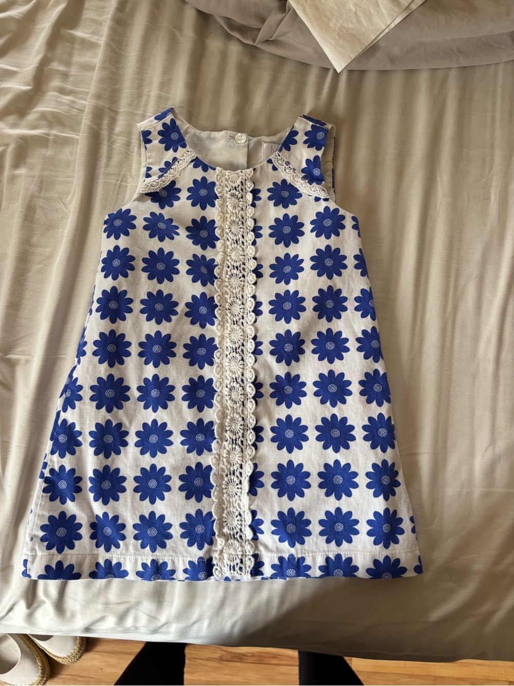 Girls Blue Floral Lace-Trim Sleeveless Dress